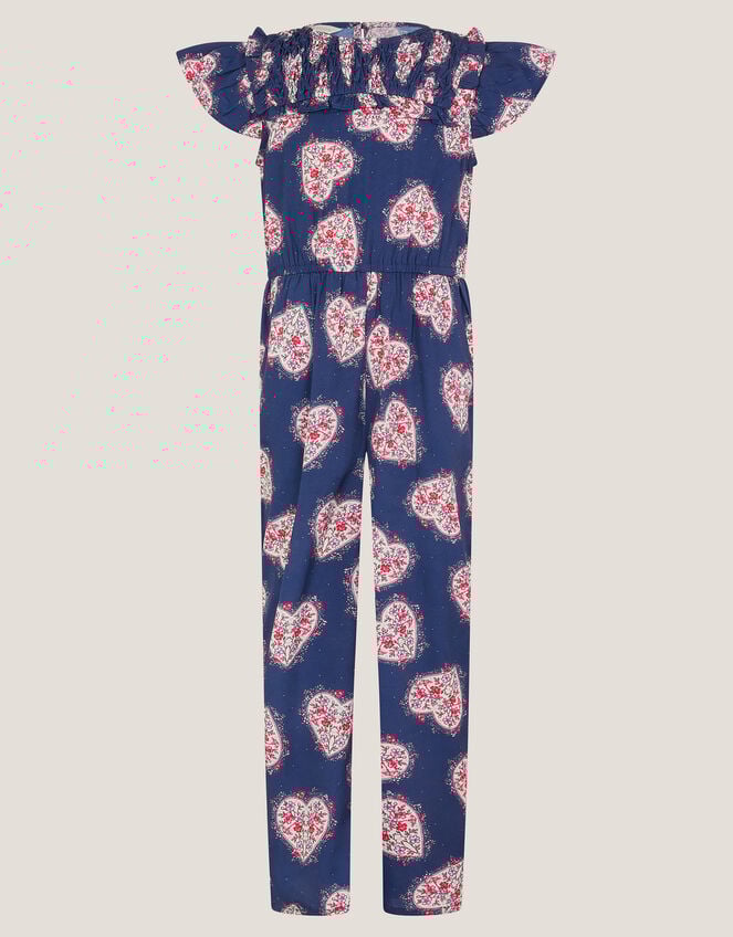 Heart Print Smock Jumpsuit, Blue (NAVY), large