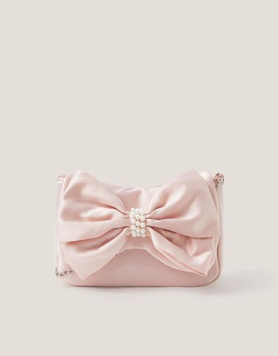 Pearl Bow Satin Bag, Pink (PALE PINK), large
