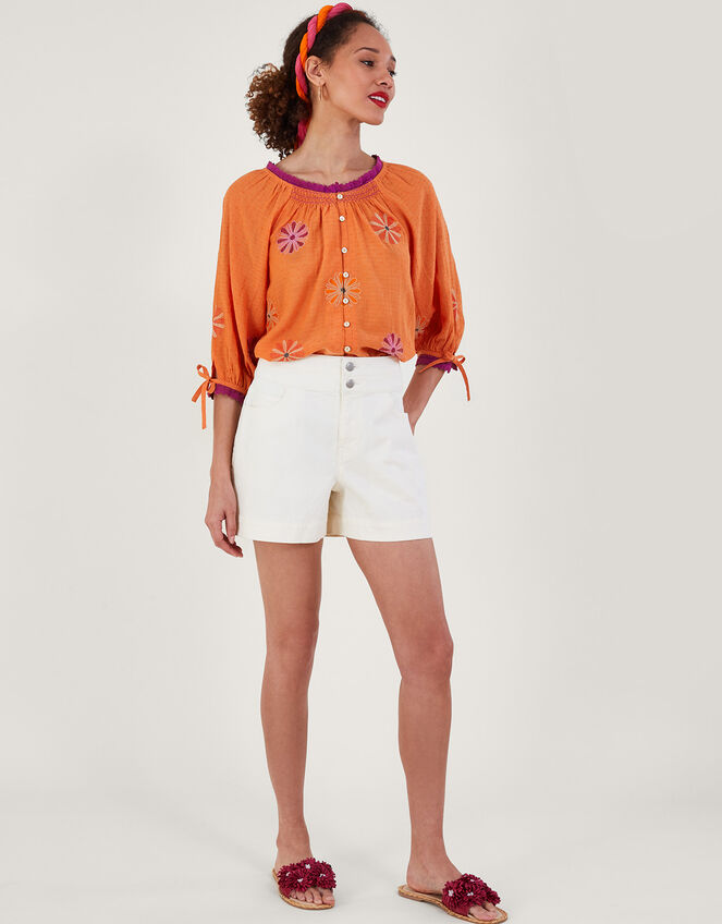 Floral Embroidered Button-Through Top, Orange (ORANGE), large