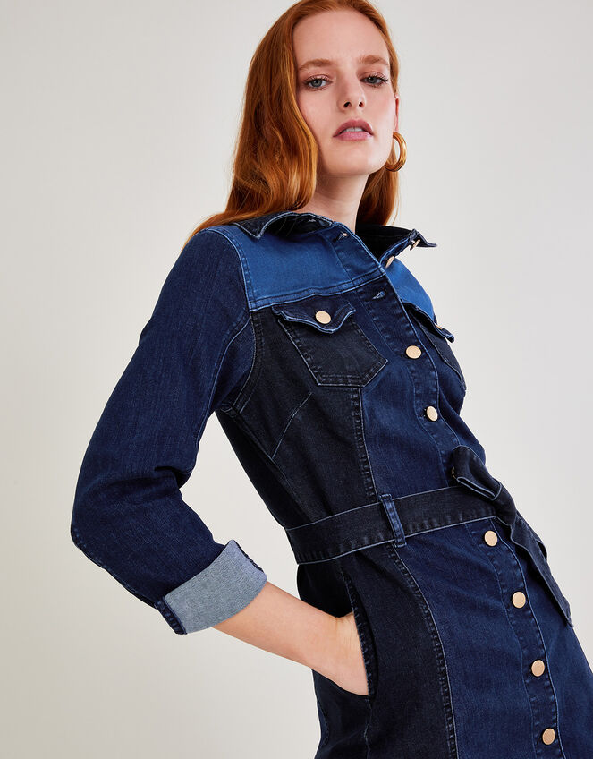 Patched Denim Dress, Blue (INDIGO), large