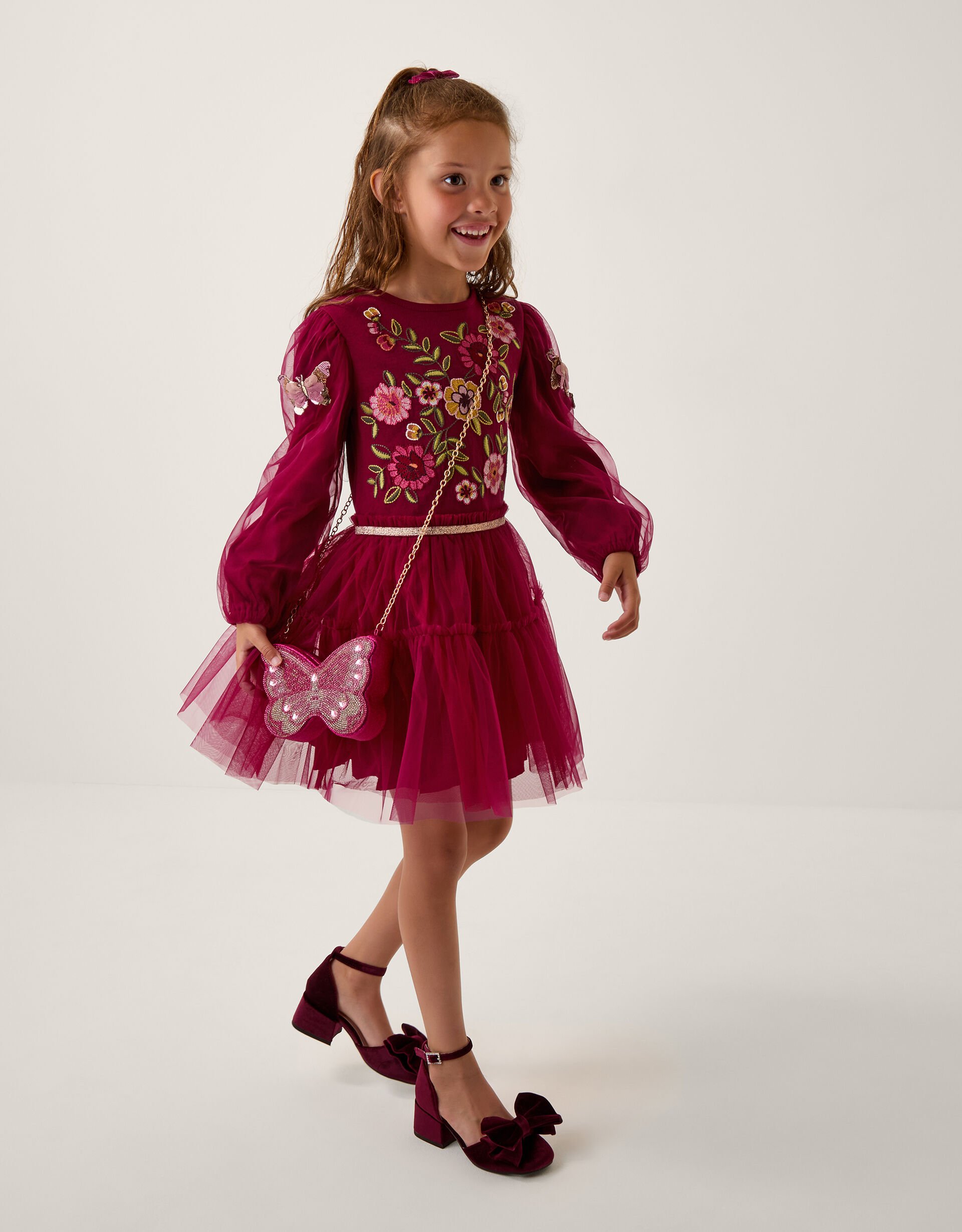 Floral Embroidered Butterfly Disco Dress Red