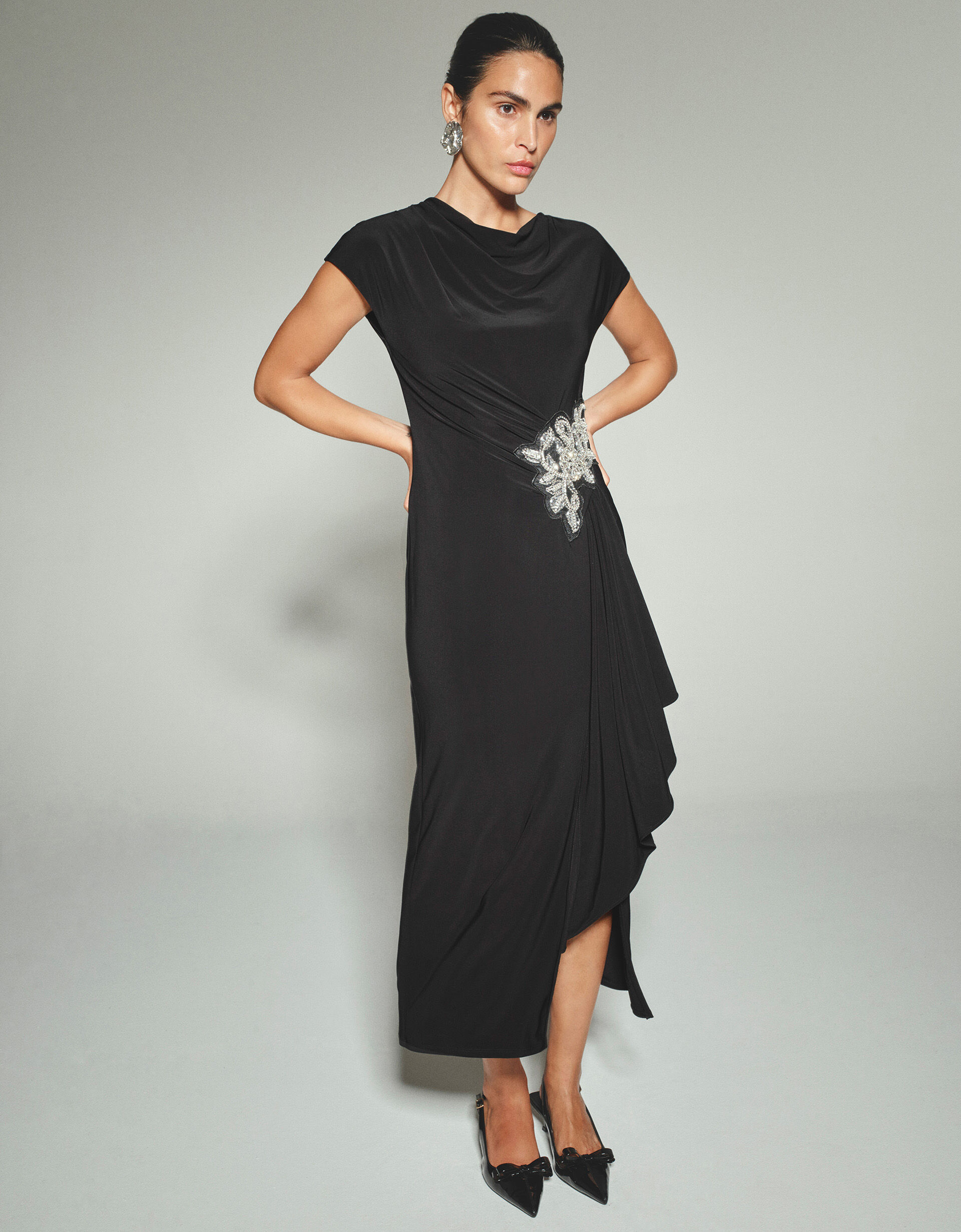 Black cowl midi dress outlet