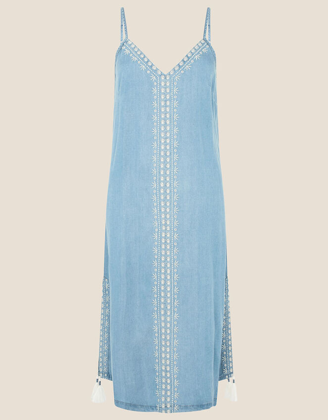 Embroidered Slip Dress in LENZING™ TENCEL™, Blue (DENIM BLUE), large