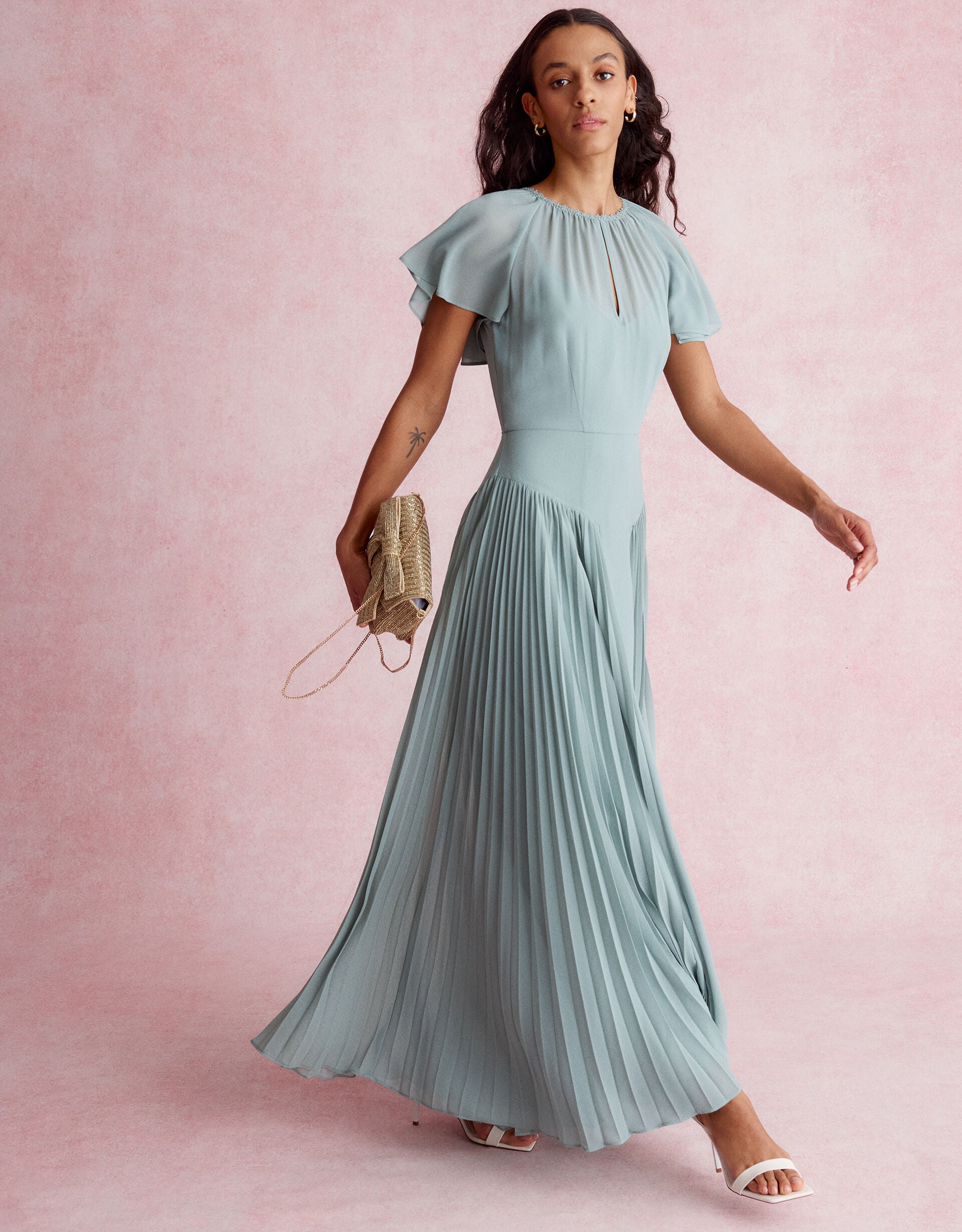 Madison Flutter Sleeve Pleated Bridesmaid Dress Green