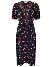 Floral Wrap Jersey Midi Dress, Black (BLACK), large