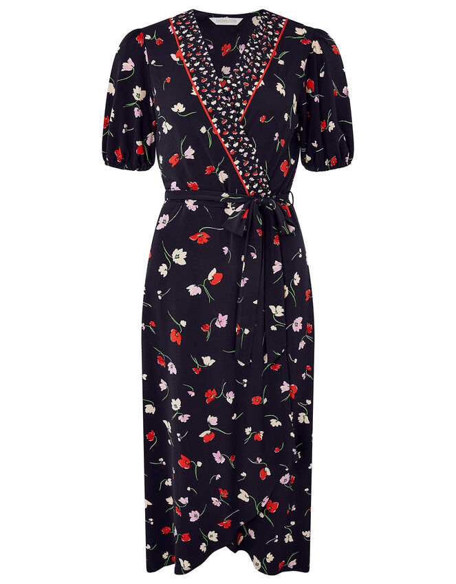 Floral Wrap Jersey Midi Dress, Black (BLACK), large