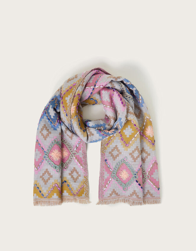 Mia Embroidered Diamond Print Scarf, , large