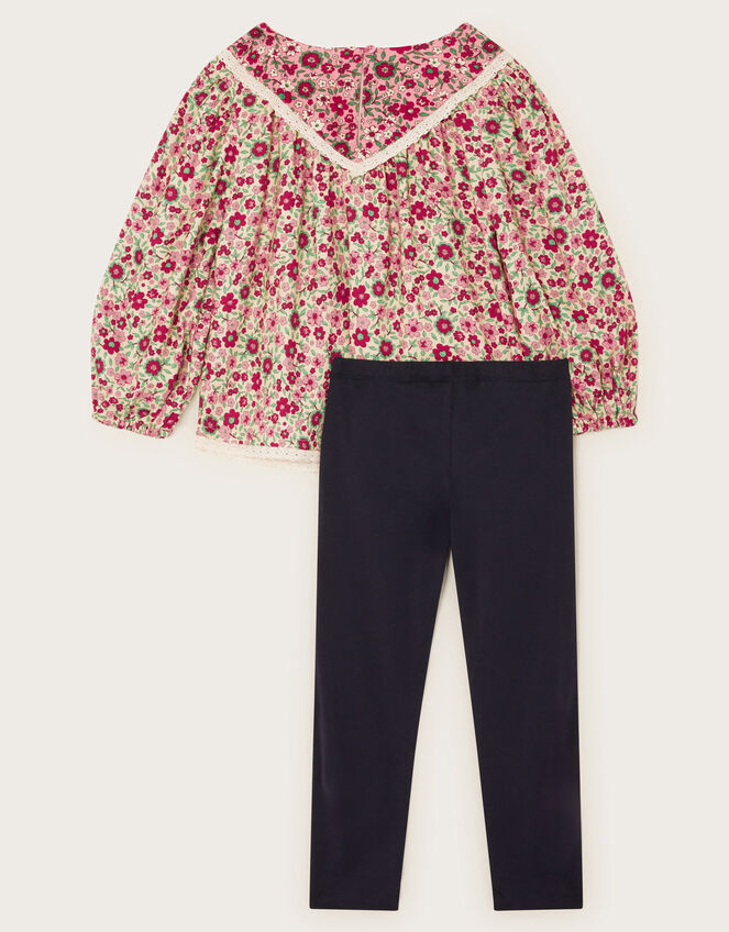 Floral Woven Blouse and Leggings Set, Red (RED), large