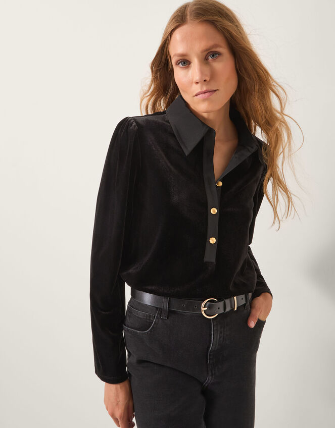 Clay Collar Stretch Velvet Blouse, Black (BLACK), large