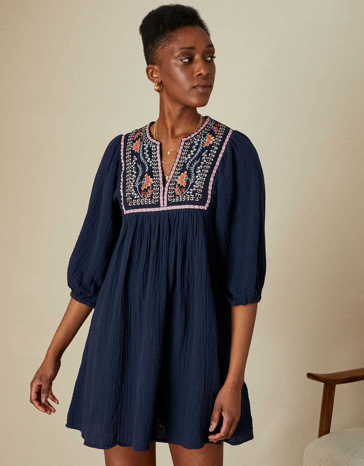 Double Faced Embellished Smock Dress in Sustainable Cotton Blue