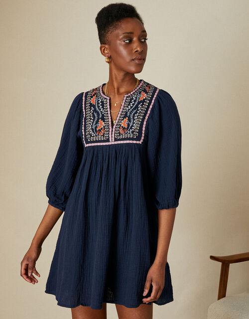 Double Faced Embellished Smock Dress in Sustainable Cotton, Blue (NAVY), large