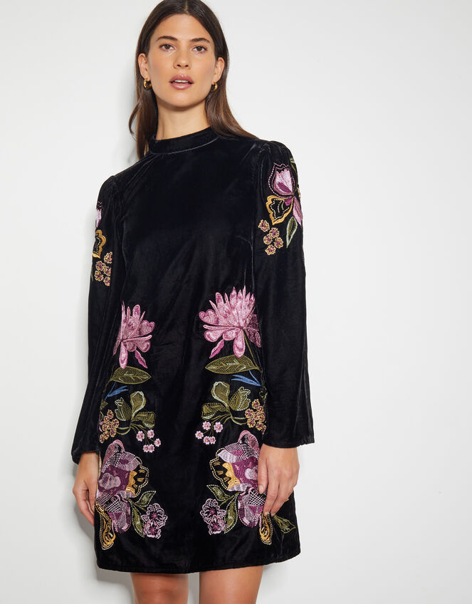Freya Embroidered Velvet Tunic Dress, Black (BLACK), large