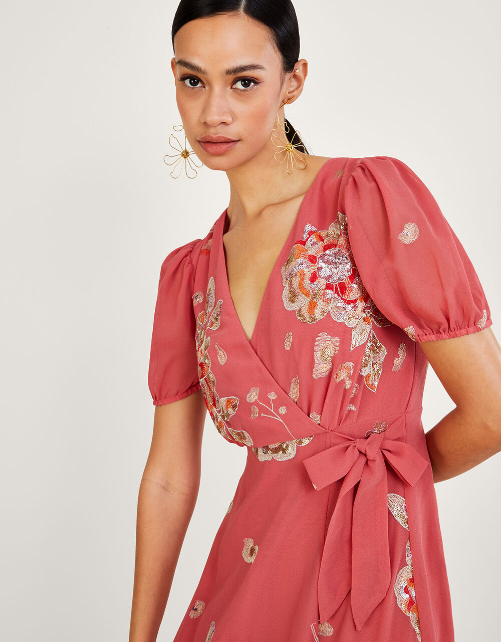 Kira Embellished Wrap Dress in Recycled Polyester Pink | Evening ...
