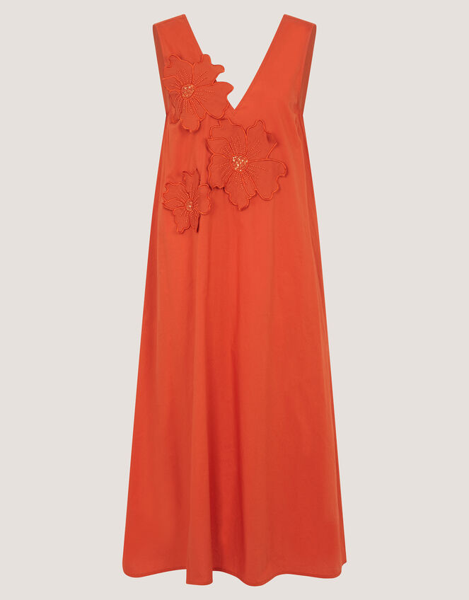 Rosalie Floral Appliqu&eacute; Cotton Midi Dress, Orange (ORANGE), large