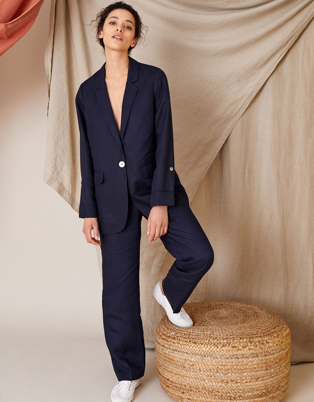 Women Women's Clothing | Smart Regular Length Trousers in Linen Blend Blue - YK96544