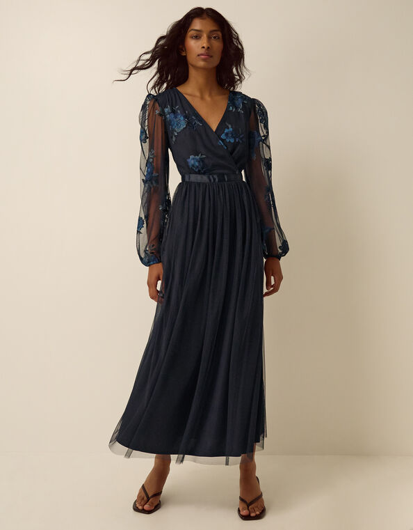 Charlotte Floral Embroidered Mesh Midi Dress, Blue (NAVY), large