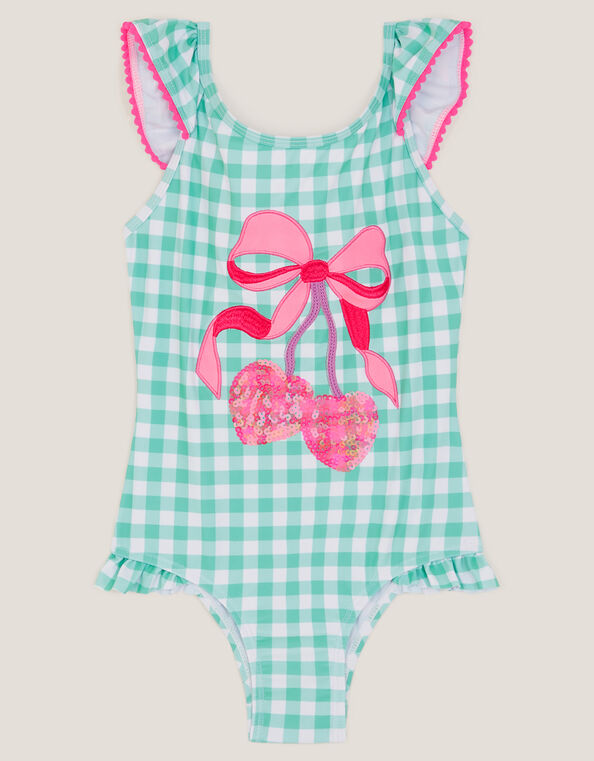Sequin Cherry Gingham Swimsuit, Green (GREEN), large