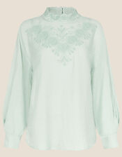 Embroidered Scallop Long Sleeve Blouse , Green (SAGE), large