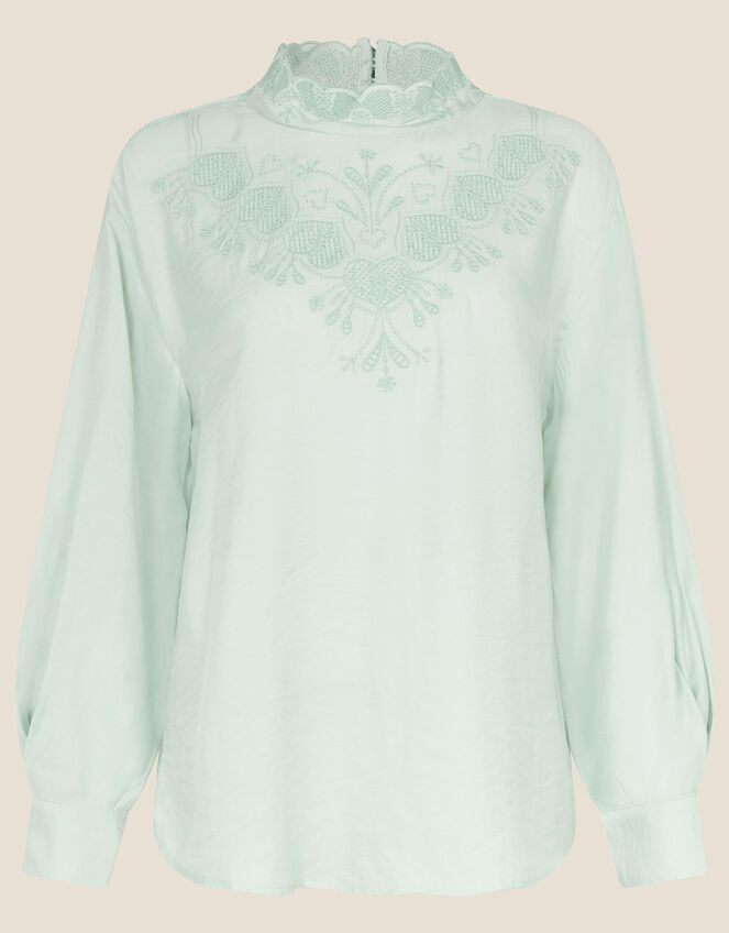 Embroidered Scallop Long Sleeve Blouse , Green (SAGE), large