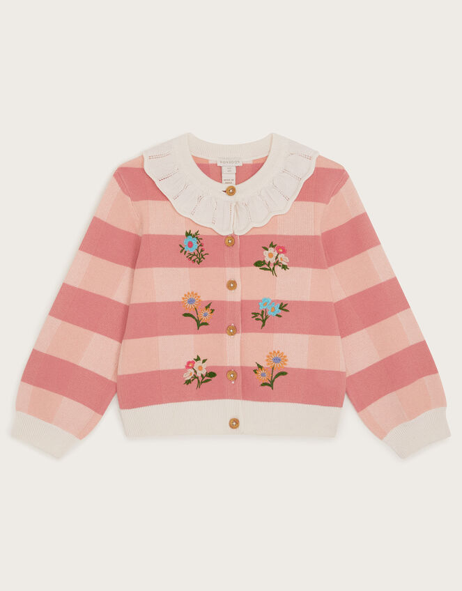 Knit Check Frill Collar Cardigan, Orange (CORAL), large