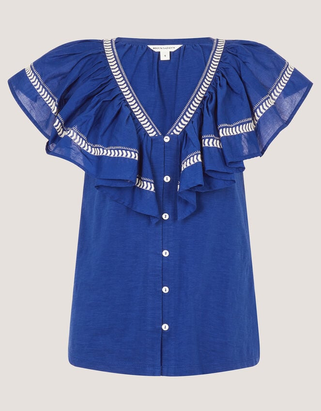 Fenn Embroidered Ruffle Jersey Top, Blue (COBALT), large