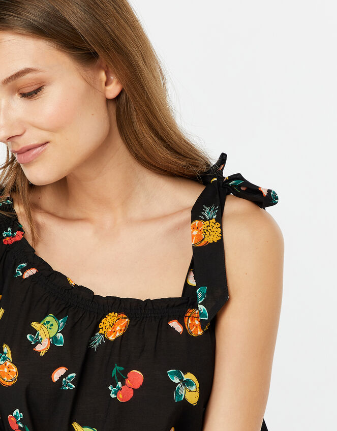 Laticia Fruit Print One-Shoulder Top, Black (BLACK), large