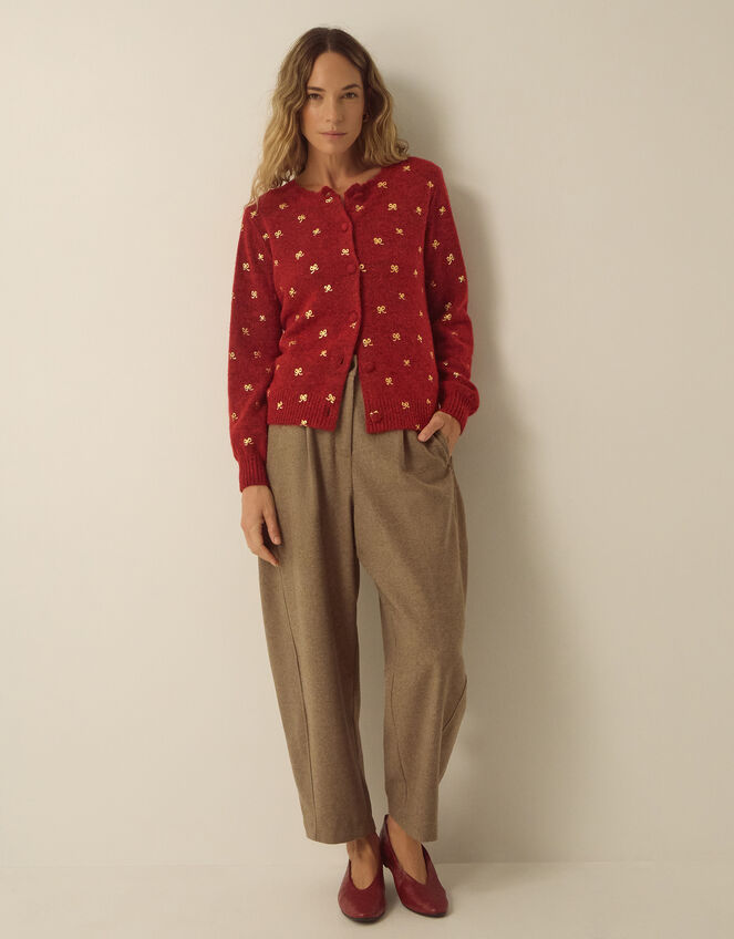 Fee Foil Bow Crew Neck Cardigan, Red (BURGUNDY), large