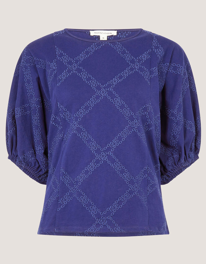 Ellie Puff Sleeve Embroidered Jersey Top, Blue (NAVY), large