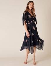 Nigella Floral Sequin Hanky Hem Dress, Blue (NAVY), large