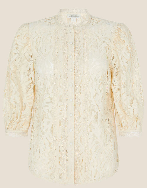 Blair Button Lace Crop-Sleeve Blouse, Cream (CREAM), large