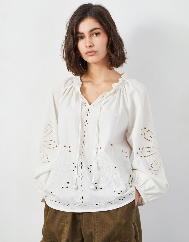 East Aliona Broderie Blouson Blouse, Ivory (IVORY), large