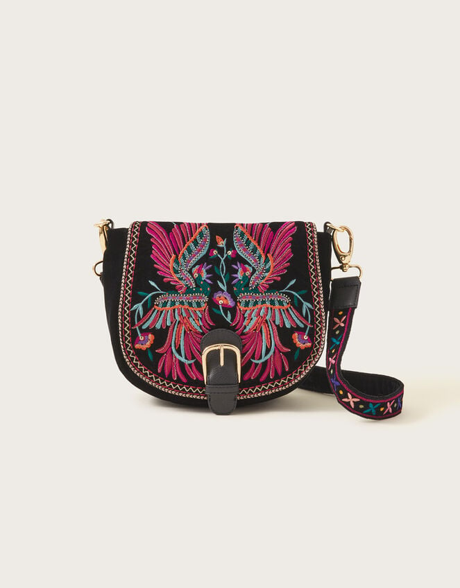 Bird Embroidered Velvet Bag Black