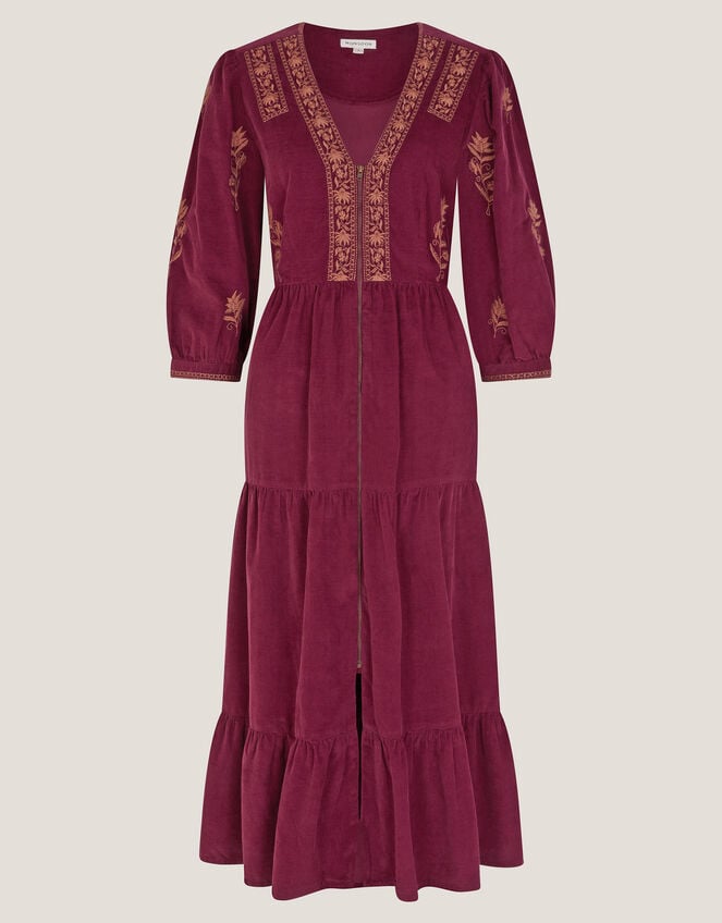 Mia Embroidered Corduroy Midi Dress, Red (CHERRY), large