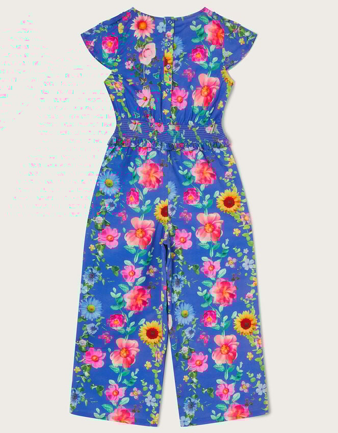 Ruffled Floral Print Jumpsuit in Recycled Polyester, Blue (BLUE), large