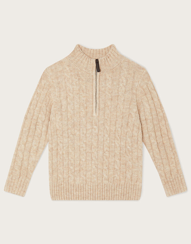 Cable Knit Half Zip Jumper, Natural (STONE), large