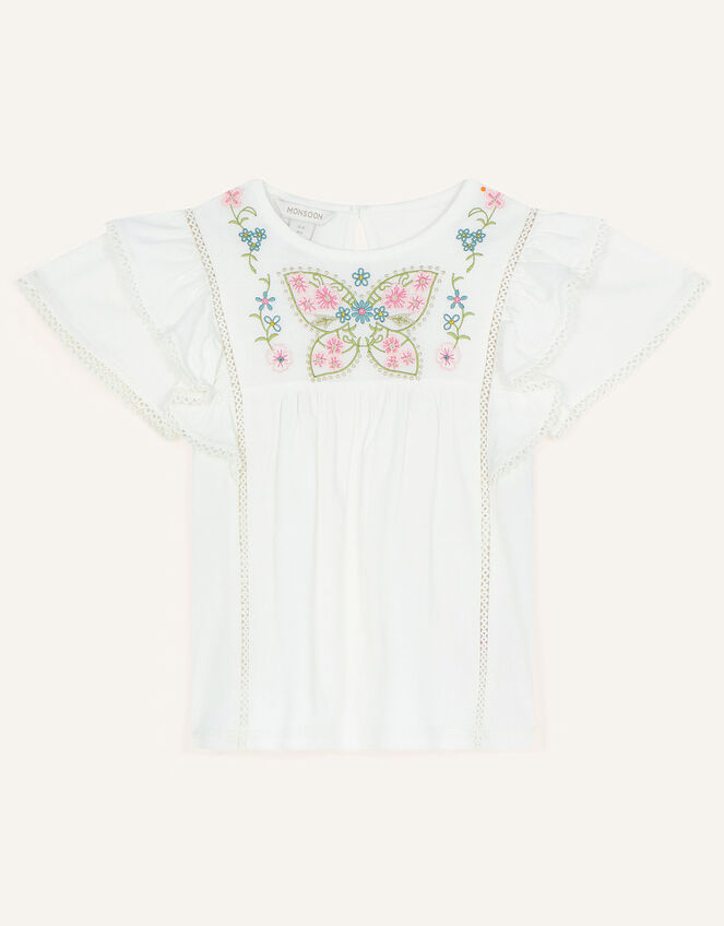 Boutique Butterfly Embroidered Flutter Sleeve Top, White (WHITE), large