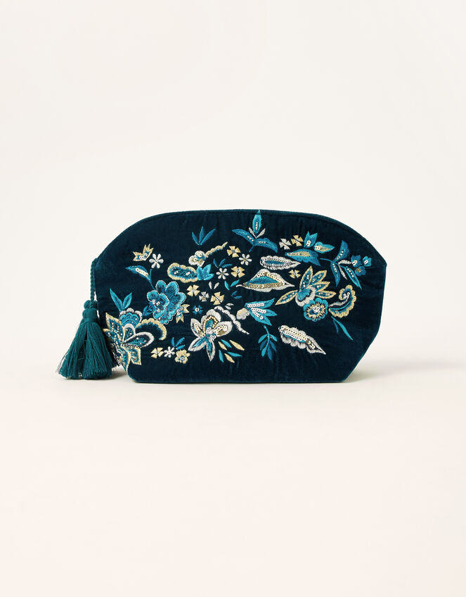 Floral Embellished Velvet Makeup Bag, , large