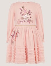 Sequin Floral Ruffle Disco Dress, Pink (PINK), large