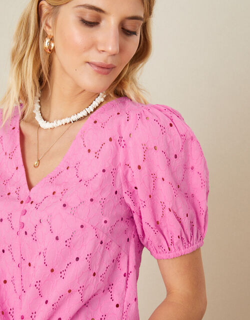 Tie Front Broderie Top, Pink (PINK), large