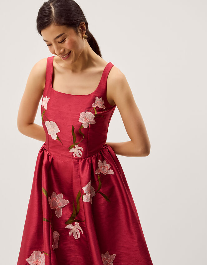 Anya Floral Embroidered Fit & Flare Midi Dress Pink