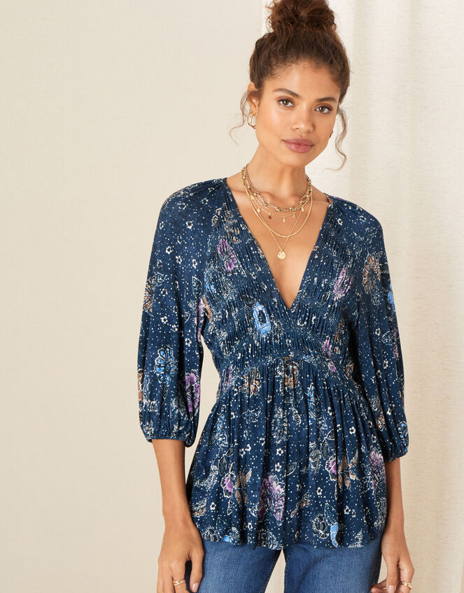 Floral Print Shirred Jersey Top, Blue (NAVY), large