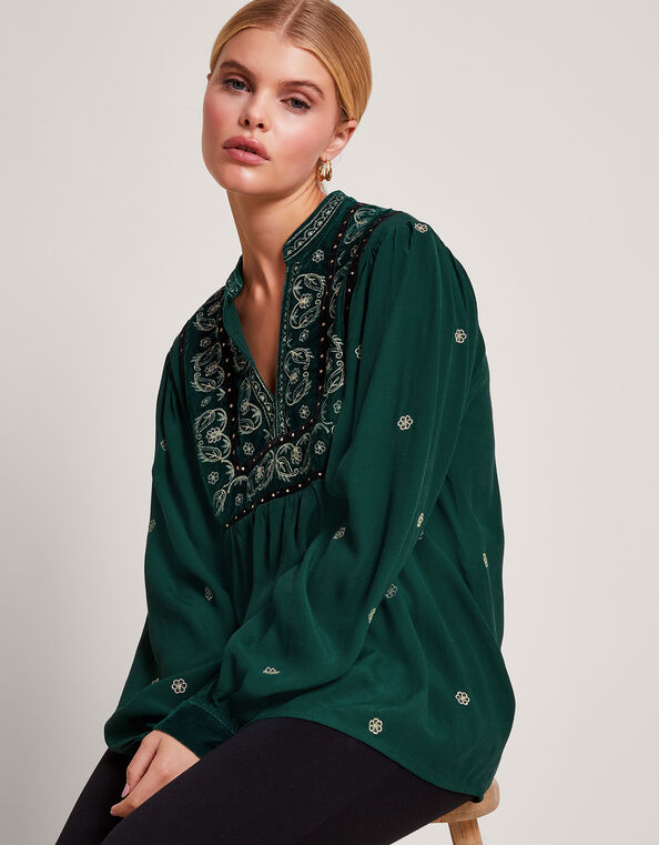 Posie Paisley Embroidered Blouse, Green (GREEN), large