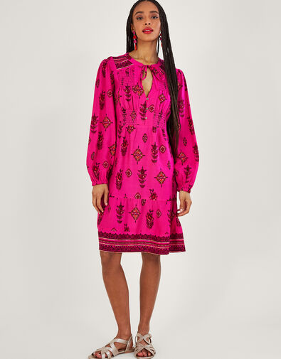 Keyhole Neckline Print Short Dress, Pink (PINK), large