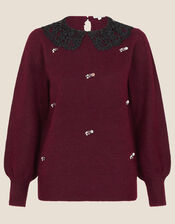 Collar All-Over Embellished Jumper, Red (BERRY), large
