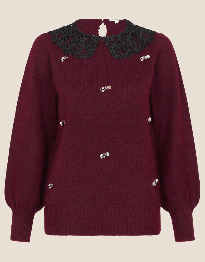 Collar All-Over Embellished Jumper, Red (BERRY), large