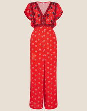 Embroidered Trim Printed Jumpsuit, Red (RED), large