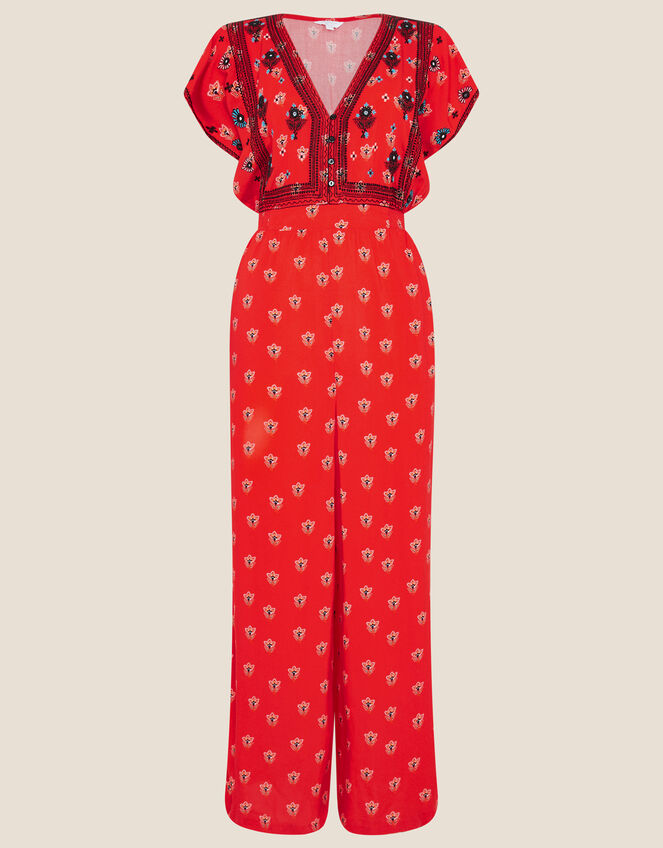 Embroidered Trim Printed Jumpsuit, Red (RED), large