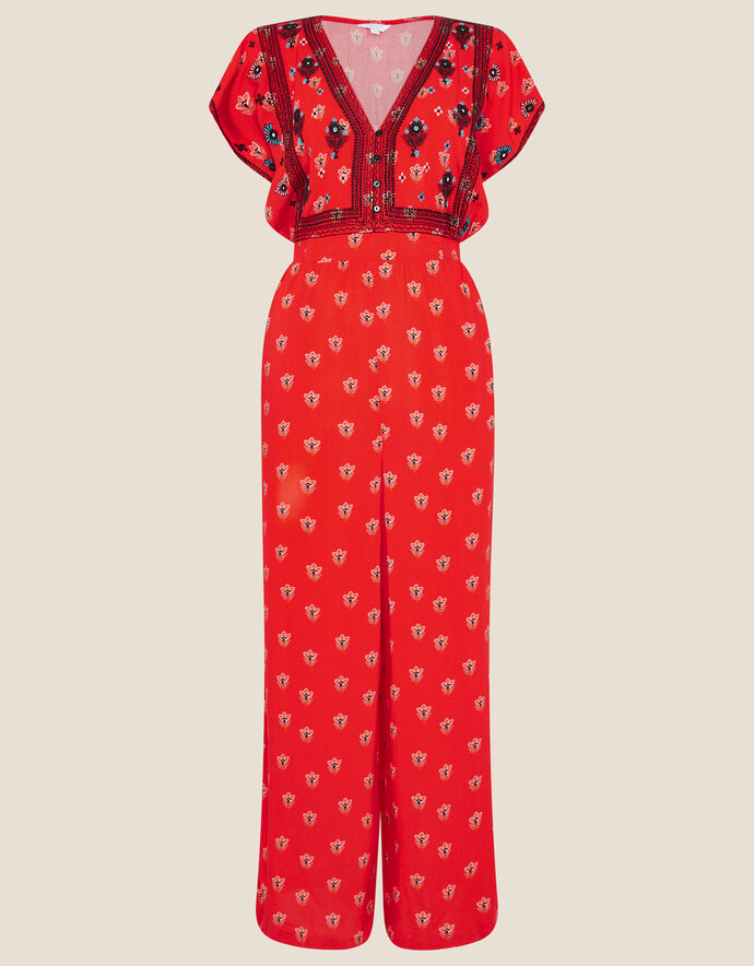 Embroidered Trim Printed Jumpsuit Red Jumpsuits Monsoon UK.