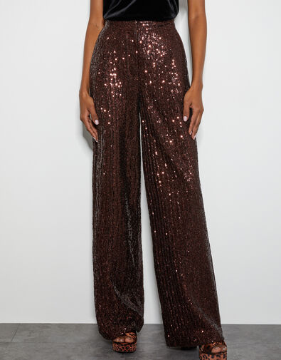 Monsoon x Sarah Corbett-Winder Wide Leg Sequin Trousers, Bronze (BRONZE), large