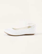 Satin Flower Ankle Ballerina Flats, White (WHITE), large